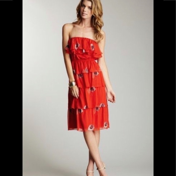 Rebecca Taylor Dresses & Skirts - RebeccaTaylor Silk Red Floral Strapless Midi Dress